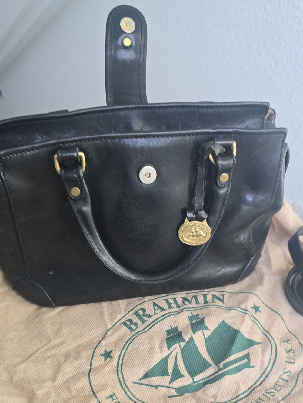 Brahmin Black Leather Satchel with Gold Medallion